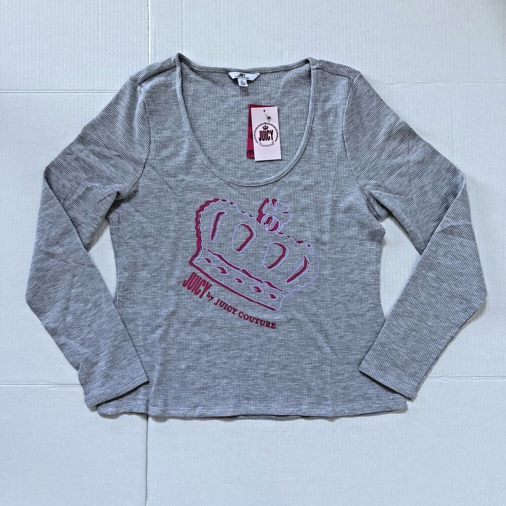 Juicy Couture Gray Waffle Knit Long Sleeve Top W/Pink Crown Women XL